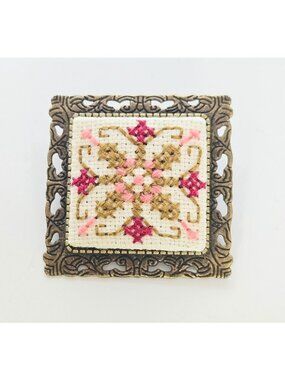 Vintage Brass &  Floral Needlepoint brooch, Pink Green Collar Pin 1.5"